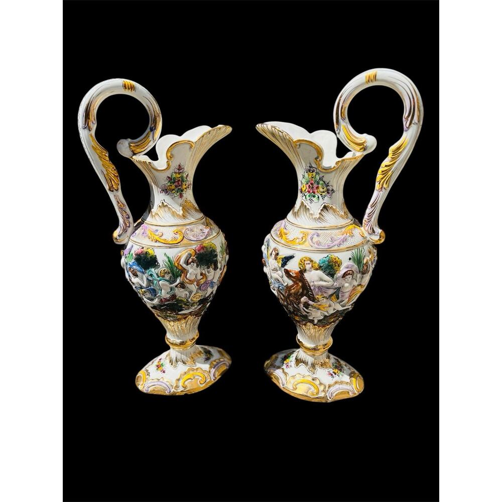 Pair Vintage ELPA Alcobaca 22” Ceramic Vase Pitchers Portugal Guilded Gold READ